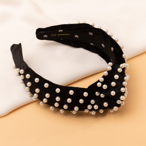 NEW Lele Sadoughi jet velvet white pearl knot Headband main image 2